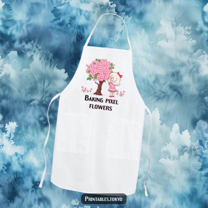 Funny apron showcasing a character admiring a large, pixelated bouquet of cherry blossoms.