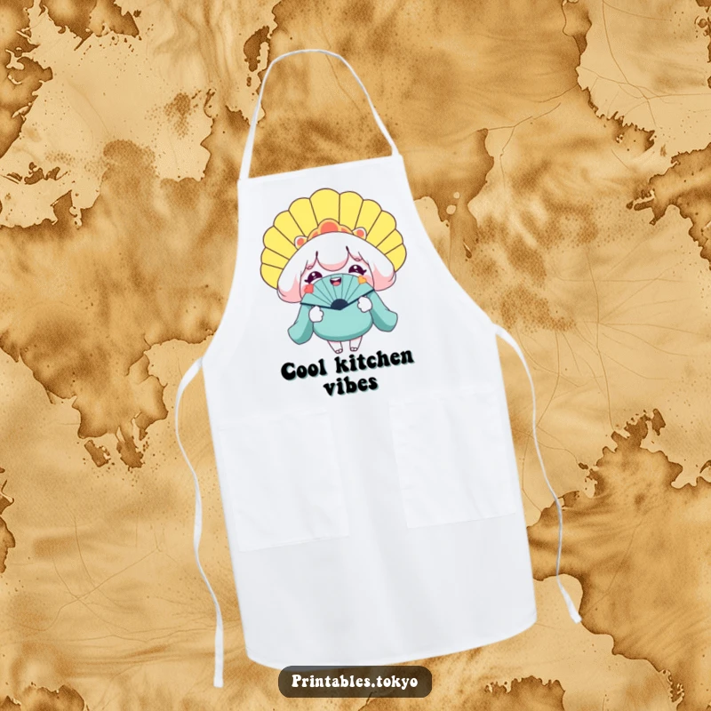 Funny apron with a smiling character holding a gigantic novelty fan, perfect for a cool and humorous cooking experience.