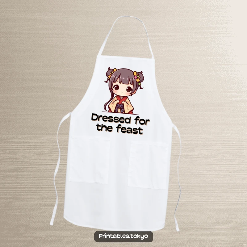 Funny Apron: A cute character in a miniature kimono peeks out while cooking, adding adorable charm to kitchen tasks.