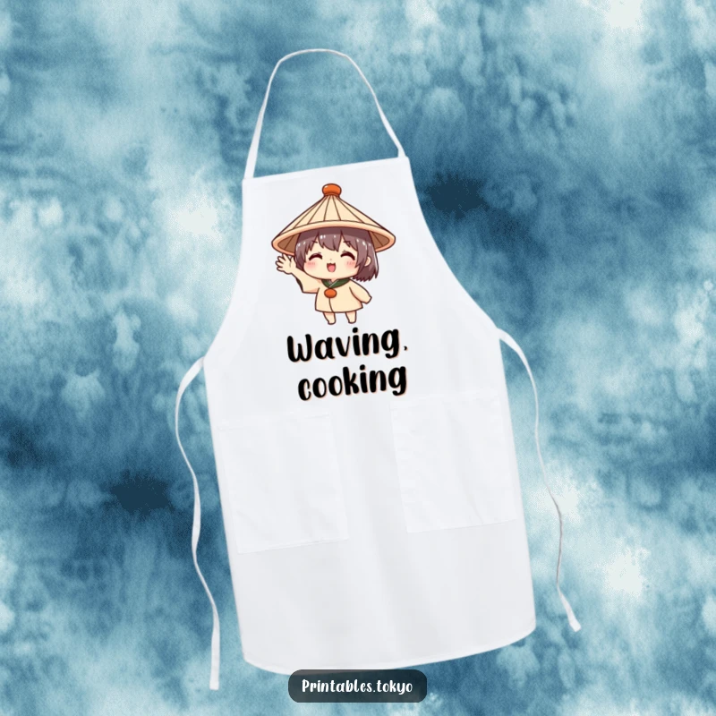 Funny apron featuring a cute character in a traditional Japanese hat, enthusiastically waving, combining kitchen practicality with a friendly greeting.