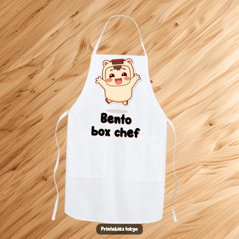 Funny Apron: A smiling character with a bento box accessory jumps happily, adding humor and protection in the kitchen, a funny gift.