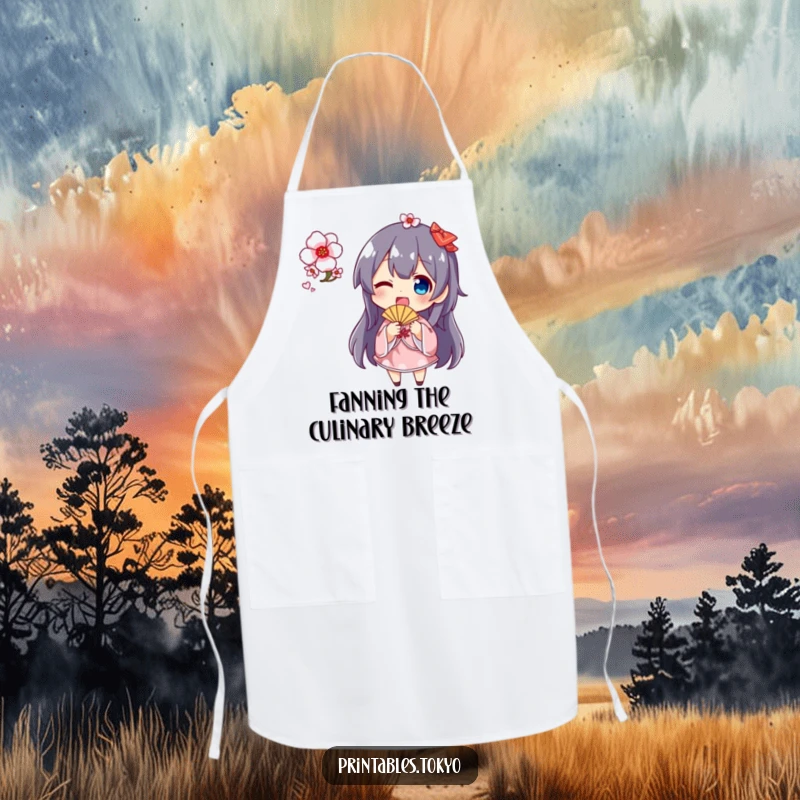 Funny cherry blossom fan apron featuring a cute character happily waving a fan with cherry blossoms, perfect for a cheerful cooking experience.
