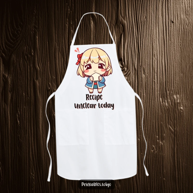 Funny apron depicting a character's confused look while holding a fortune cookie, ideal for adding a touch of playful bewilderment to culinary tasks.
