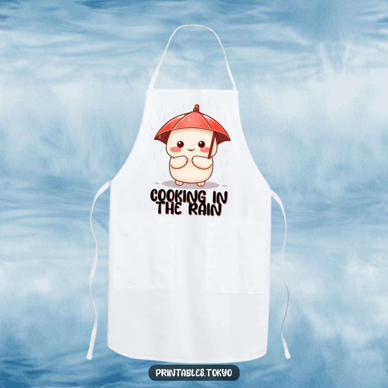 Funny apron with a cute dumpling character holding a tiny red umbrella, peeking from the rain, perfect for a whimsical cook.