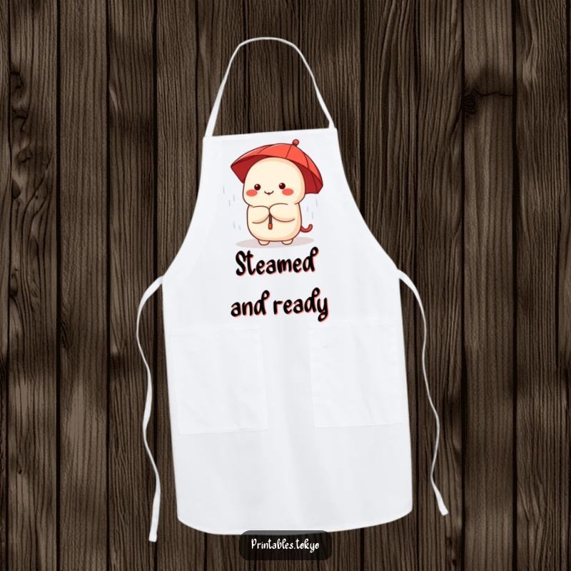 Funny cute dumpling character under a tiny red umbrella, printed on a functional and adorable kitchen apron.