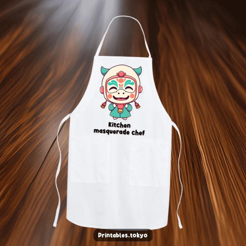 Funny apron showing a character in a tiny festival mask making a funny face, perfect for kitchen fun.