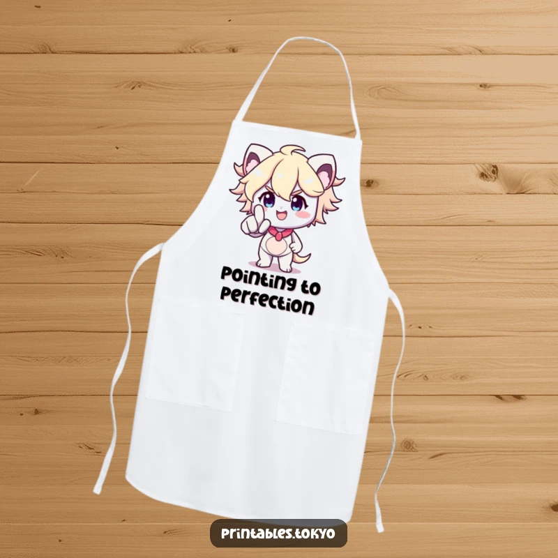 Funny Apron: A determined character points forward with a smile, adding humor and protection in the kitchen, a funny gift.