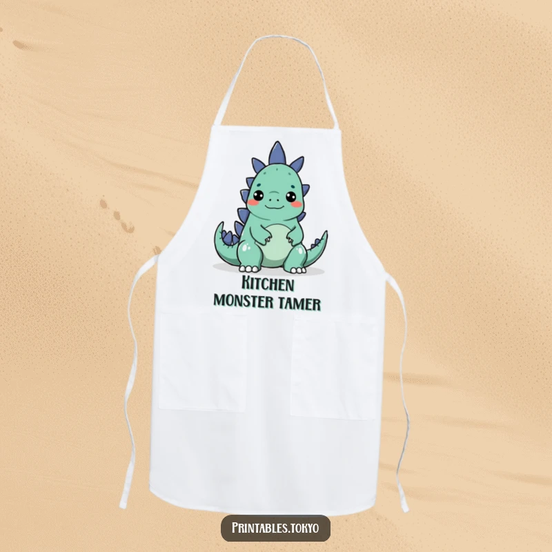 Funny apron showing a character making a silly face to surprise a small Godzilla, perfect for a humorous kitchen.