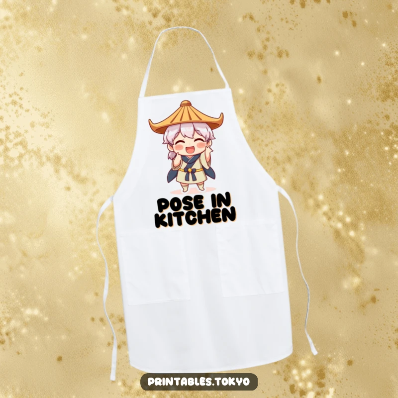 Funny apron illustration of a character in a Japanese hat striking a comical pose, ideal for kitchen humor and protection.