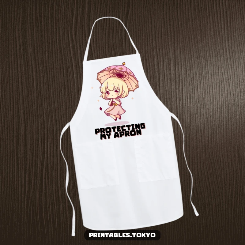 Funny apron graphic of a character joyfully bouncing a miniature ornate umbrella, adding a touch of whimsy to kitchen tasks.