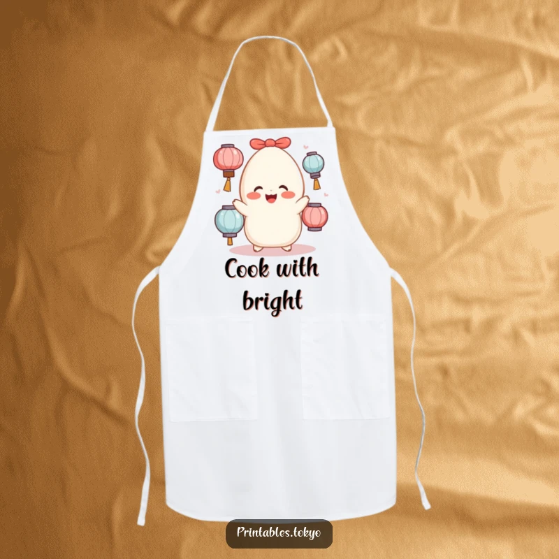 Funny rosy-cheeked mochi character juggling lanterns, printed on a functional and humorous kitchen apron.