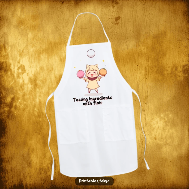 Funny apron showing a character playfully juggling three colorful mochi balls, perfect for kitchen activities.