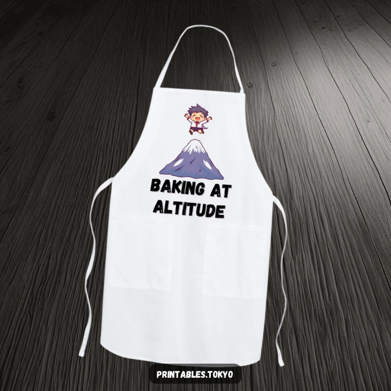 Funny Apron: A character joyfully leaps over Mount Fuji, suitable for a humorous and adventurous cooking experience.