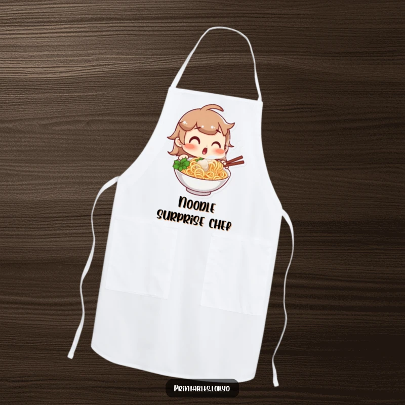 Funny apron depicting a character with a surprised expression looking at a steaming bowl of noodles, adding a touch of foodie humor to kitchen activities, a great funny gift.