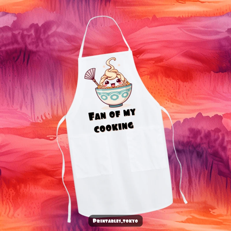 Funny apron with a happy ramen bowl character, steam rising, waving a tiny fan, great for cooking with a humorous attitude.