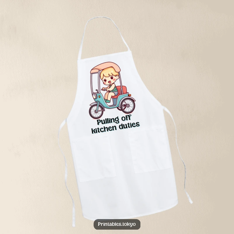 Funny apron featuring a character riding in a miniature, stylized rickshaw, perfect for kitchen activities.
