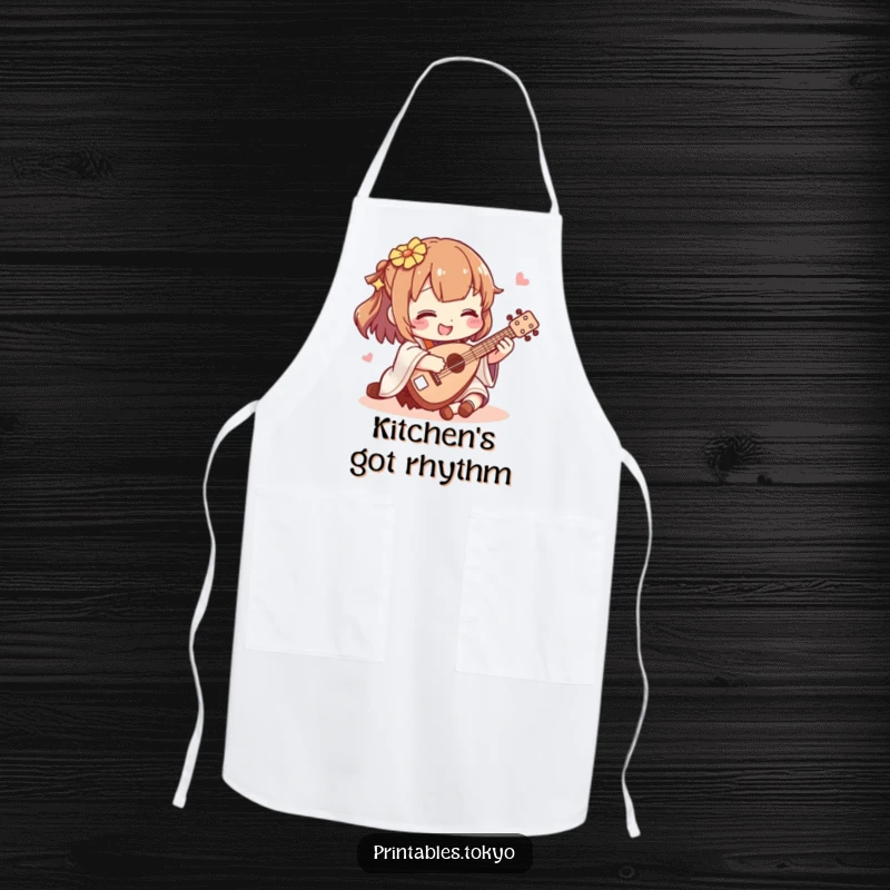 Funny shamisen player apron, showing a cook character happily strumming a miniature shamisen, perfect for a humorous kitchen experience.