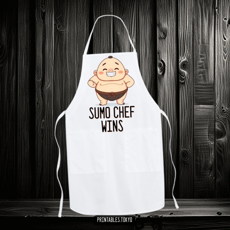 Funny apron showcasing a character in a strong sumo wrestling pose with a proud, beaming grin.