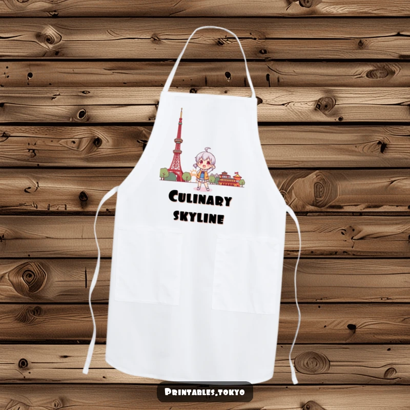 Funny apron illustrating a character playfully posing in front of a stylized Tokyo Tower, perfect for the kitchen.