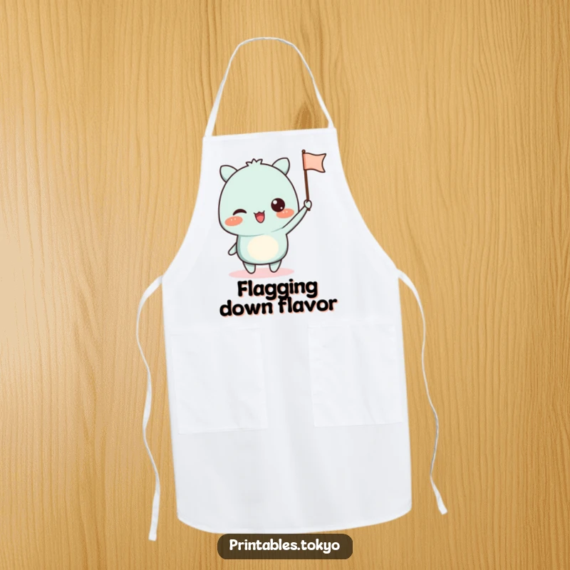 Funny apron with an excited character waving a small paper flag, perfect for a spirited cooking experience.