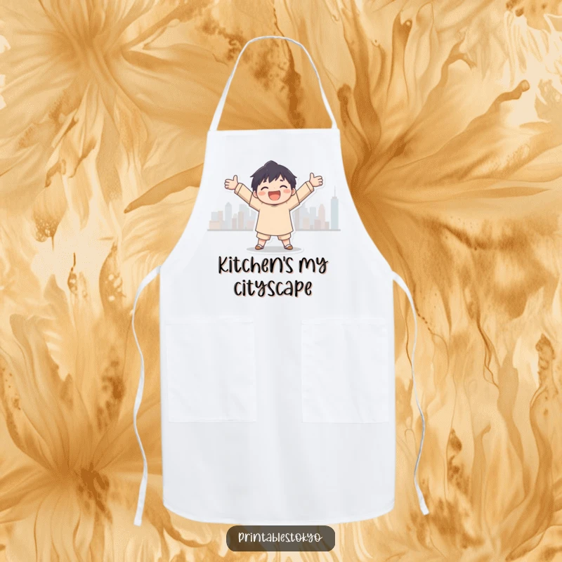 Funny city embrace apron, a character joyfully embracing a city skyline silhouette, a humorous and stylish kitchen accessory.