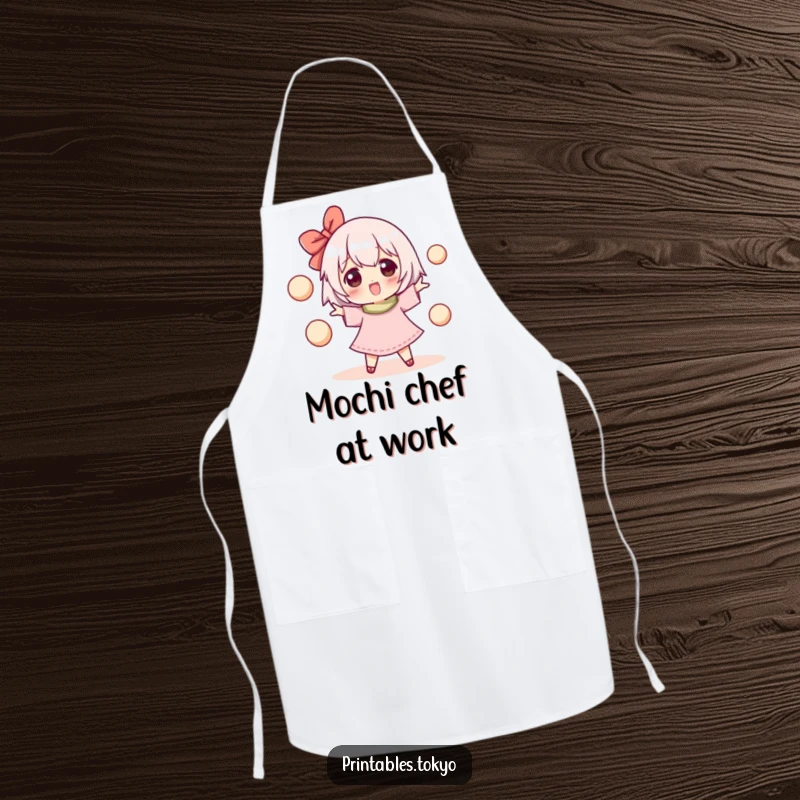 Funny apron for cooking, showing a happy character juggling small, round mochi balls, ready to serve delicious treats with a smile.