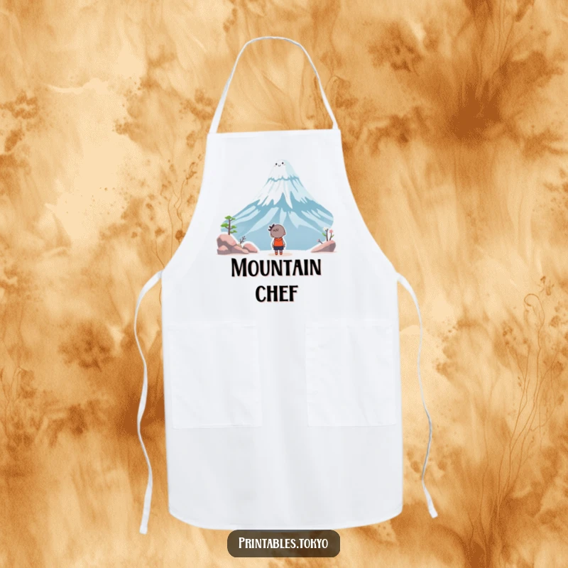 Funny apron illustration of a character admiring a smiling Mount Fuji, perfect for adding humor to cooking and baking.