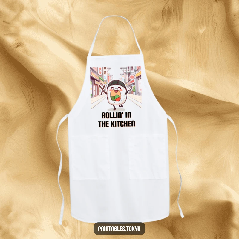Funny sushi roll character dancing in Tokyo street attire on a functional and funny apron for chefs.