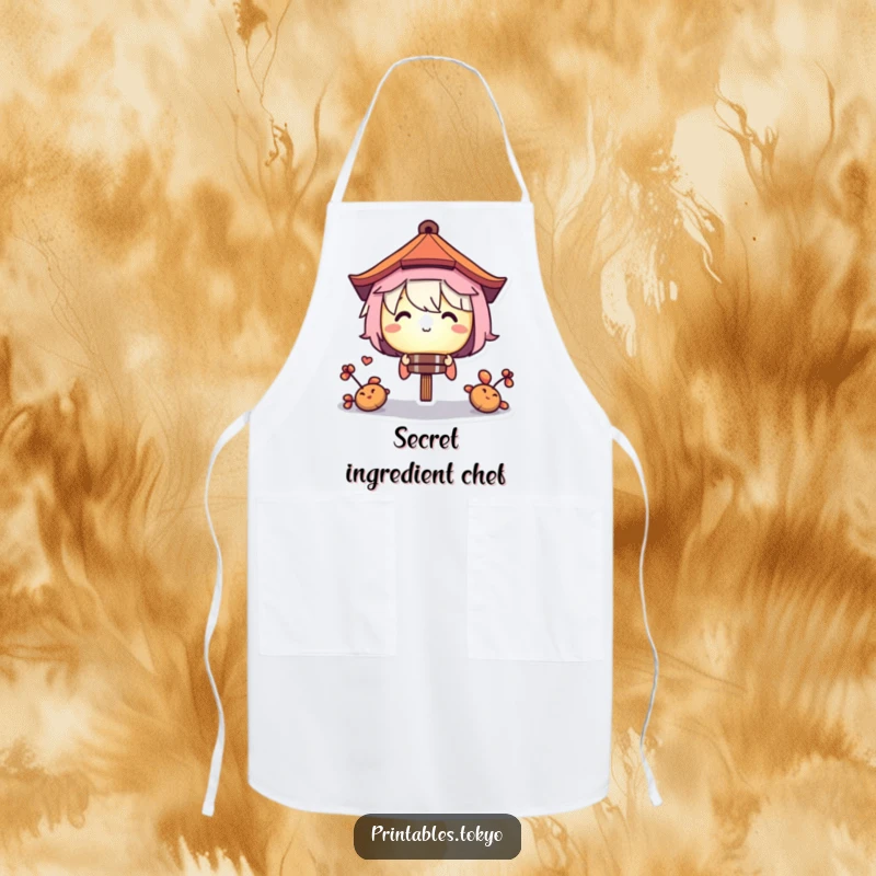 Funny apron graphic of a character peeking from behind a glowing paper lantern, infusing kitchen tasks with a sense of fun and mystery.