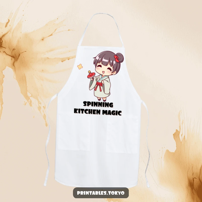 Funny yukata spinner apron, a character in a yukata happily spinning a top, a humorous and practical kitchen essential.