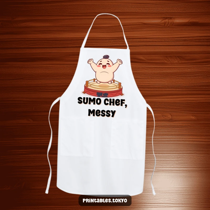 Funny apron showing a character cheerfully bouncing on a tiny sumo ring, perfect for a humorous kitchen.