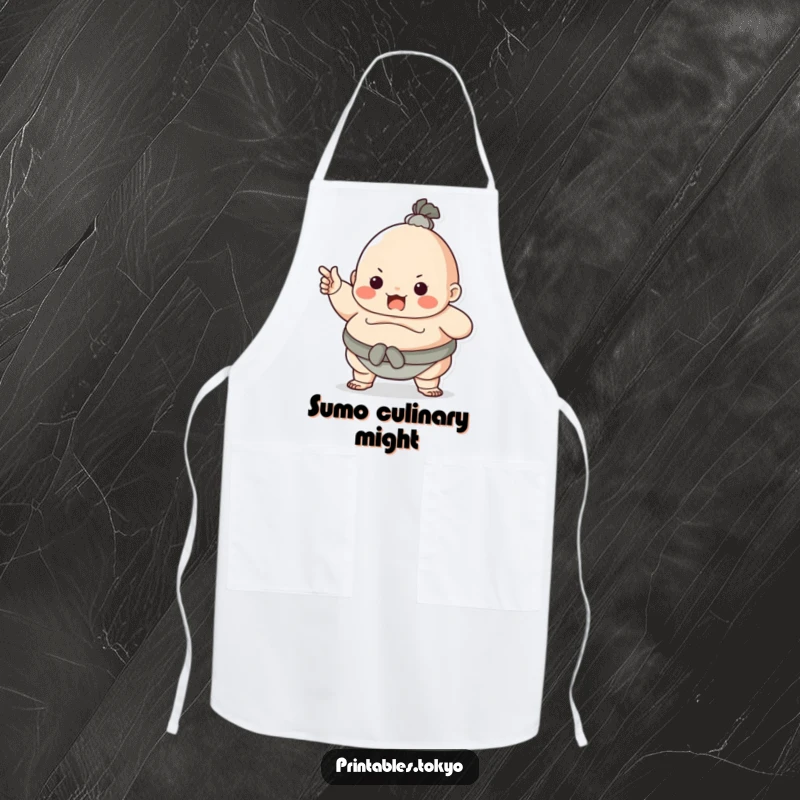 Funny character dressed as a sumo wrestler, playfully pointing, on a kitchen apron. Ideal for humorous and bold cooking.