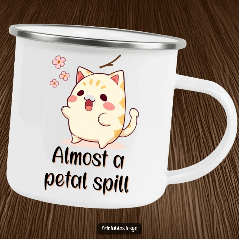 Funny camping mug featuring a surprised taiyaki character, tail wagging, avoiding a falling cherry blossom, perfect for outdoor laughs.