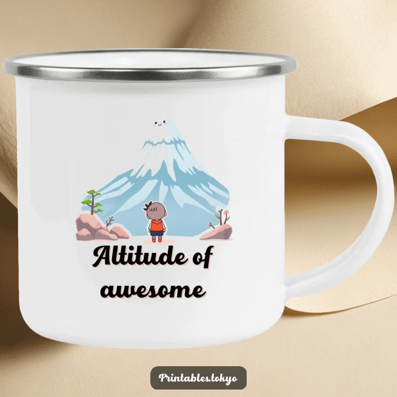 Funny camping mug with a character admiring a whimsical, smiling Mount Fuji, designed for outdoor enthusiasts who appreciate humor.