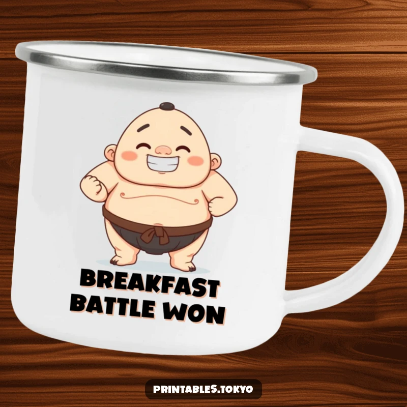 Funny camping mug showing a character in a mighty sumo wrestling pose with a proud, cheerful grin.