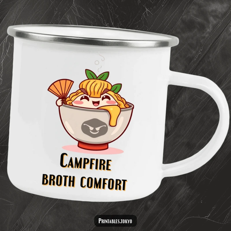 Funny happy ramen bowl character with steam and a tiny fan, printed on a durable camping mug.