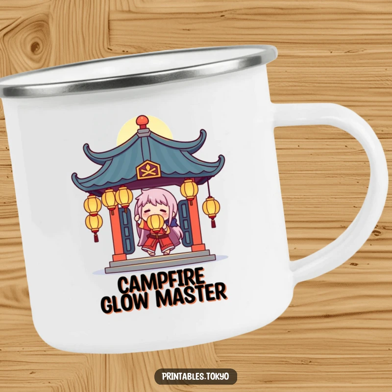 Funny camping mug with a character juggling glowing lanterns under a stylized temple roof, ideal for mystical outdoor moments.