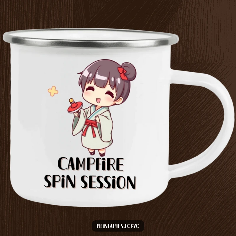 Funny yukata spinner camping mug, a character in a yukata happily spinning a top, perfect for outdoor adventures and nostalgic fun.
