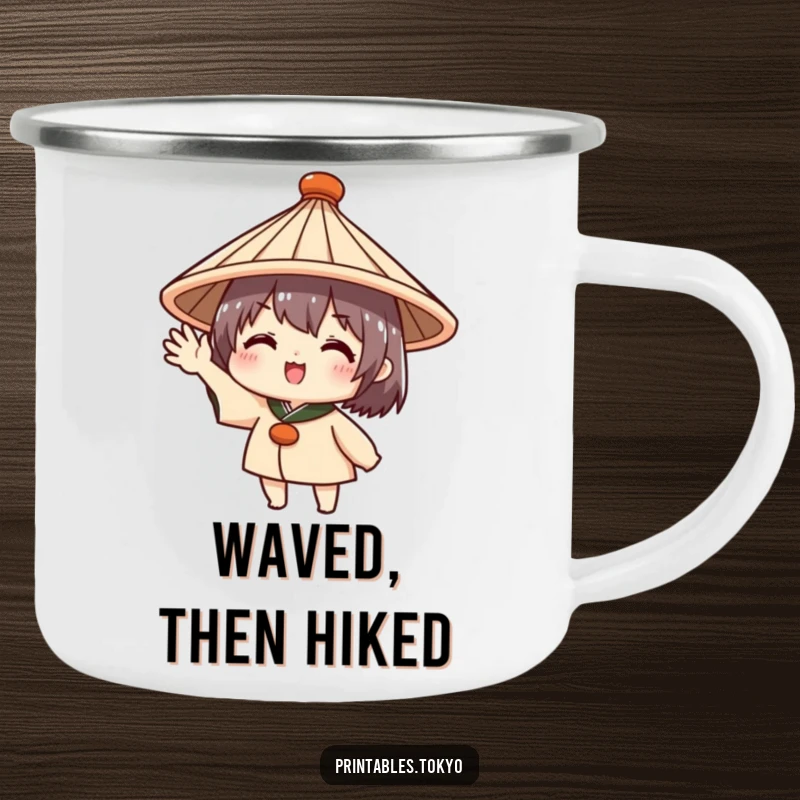 Funny camping mug with a cute character in a traditional Japanese hat, enthusiastically waving, ideal for enjoying beverages outdoors with a friendly touch.