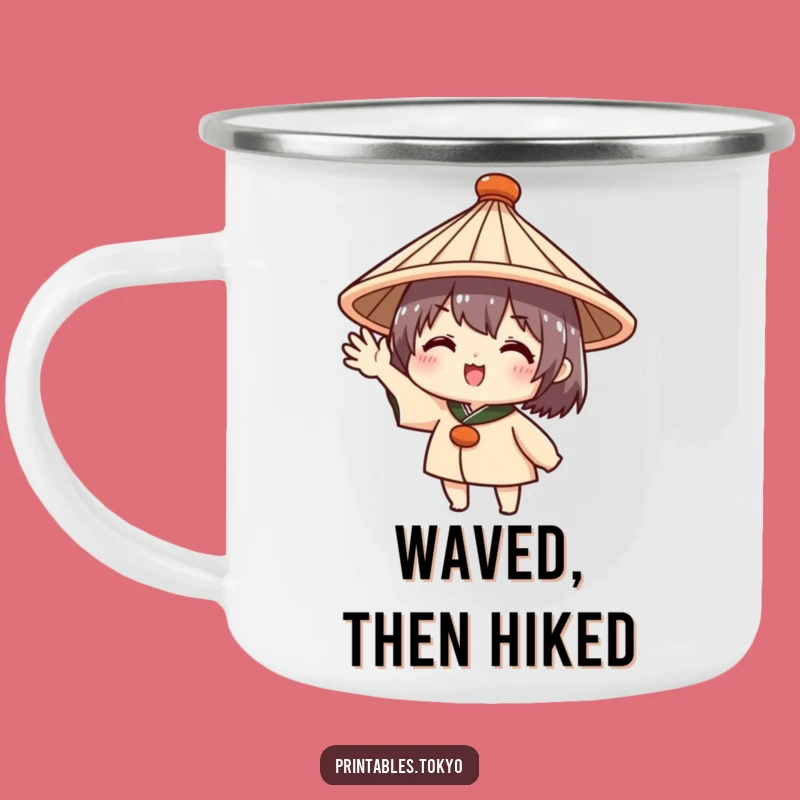 Friendly Greeting Funny Camping Mug - Japanese Hat Adventure