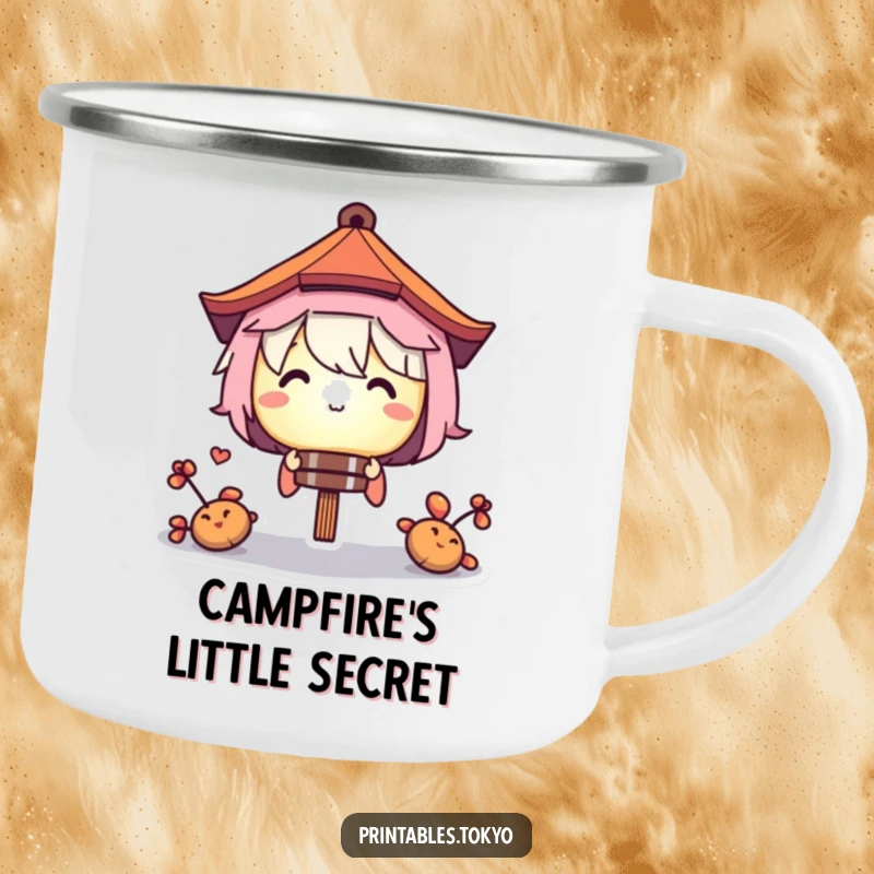 Funny camping mug featuring a character peeking from behind a glowing paper lantern, perfect for keeping warm and mysterious outdoors.