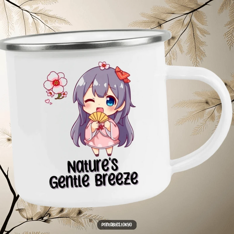 Funny cherry blossom fan camping mug showing a character excitedly waving a fan with pink cherry blossoms, perfect for outdoor spring adventures.