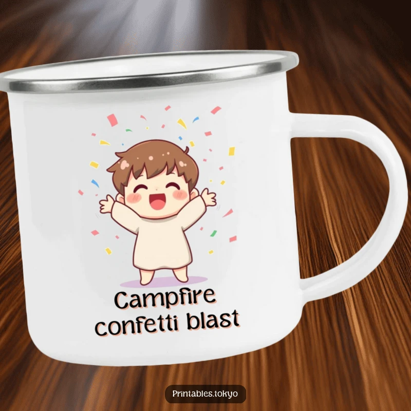 Funny camping mug with a cheerful character joyfully tossing colorful confetti, perfect for outdoor celebrations.