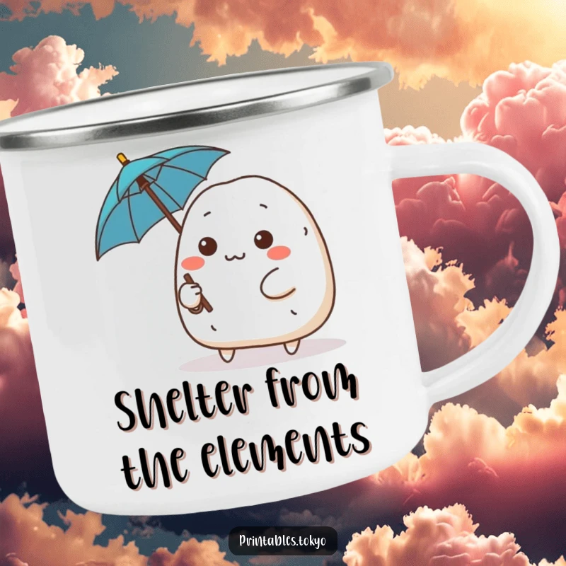 Funny cute onigiri character with a determined expression wielding a tiny umbrella, durable camping mug, brave and prepared outdoor accessory.