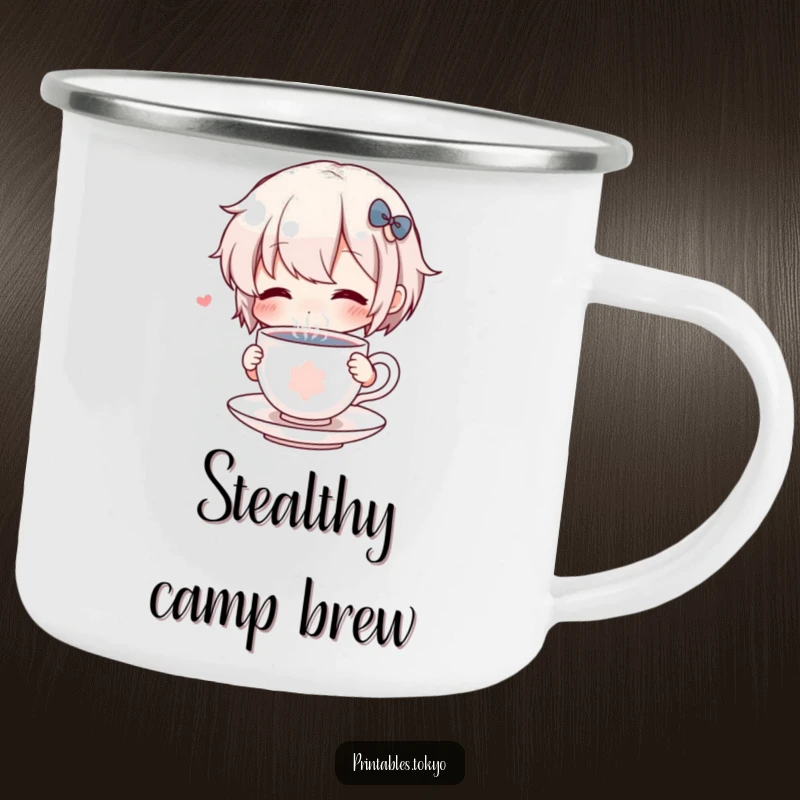Funny Camping Mug: A character comically sips from a petite, steaming teacup, designed for outdoor enjoyment and humor.