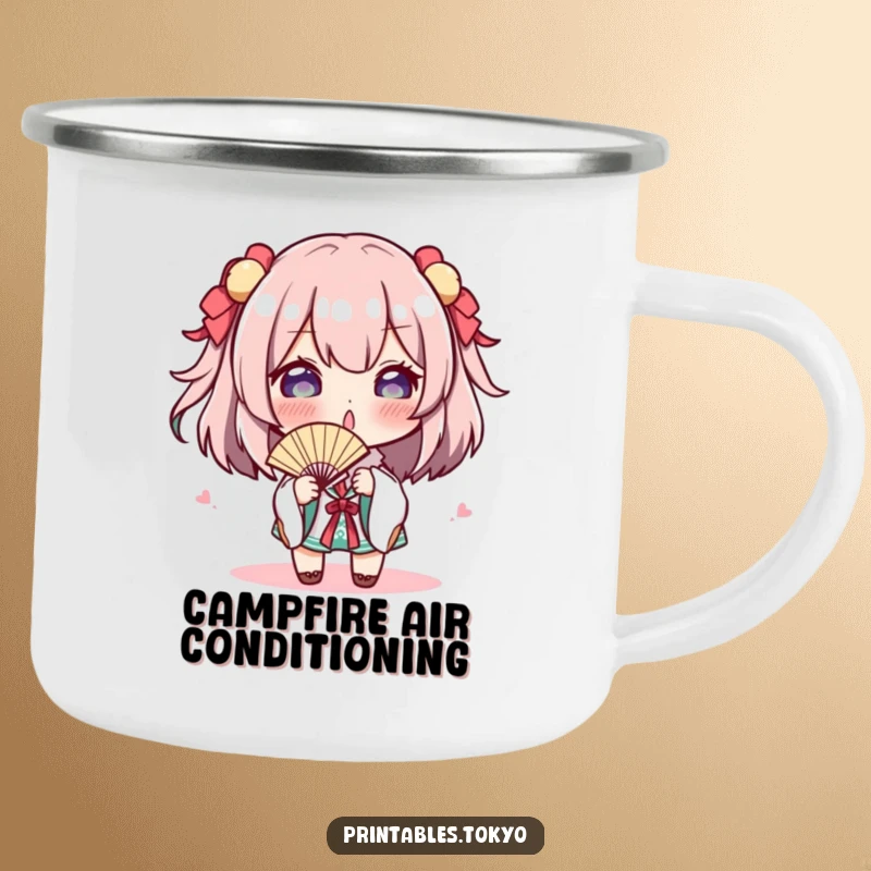 Funny Camping Mug: A character playfully gestures with a tiny fan, bringing humor and a cool vibe to outdoor drinks, a funny gift.