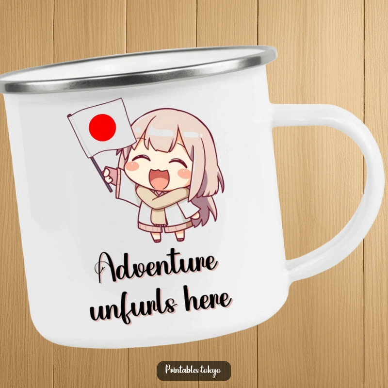 Funny camping mug with a cheerful character enthusiastically waving a small Japanese flag, ideal for outdoor enthusiasts who love to explore.