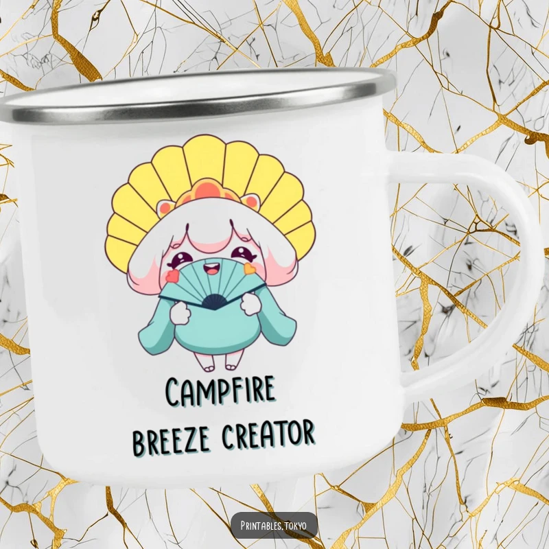 Funny camping mug with a smiling character holding a gigantic novelty fan, perfect for outdoor cooling and humor.