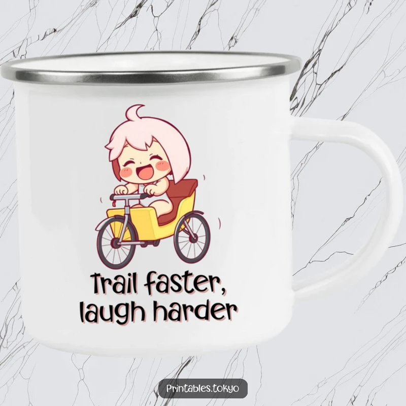 Funny giggling character in a tiny rickshaw, pedaling furiously downhill, on a sturdy camping mug. Great for outdoor use and humorous adventure.