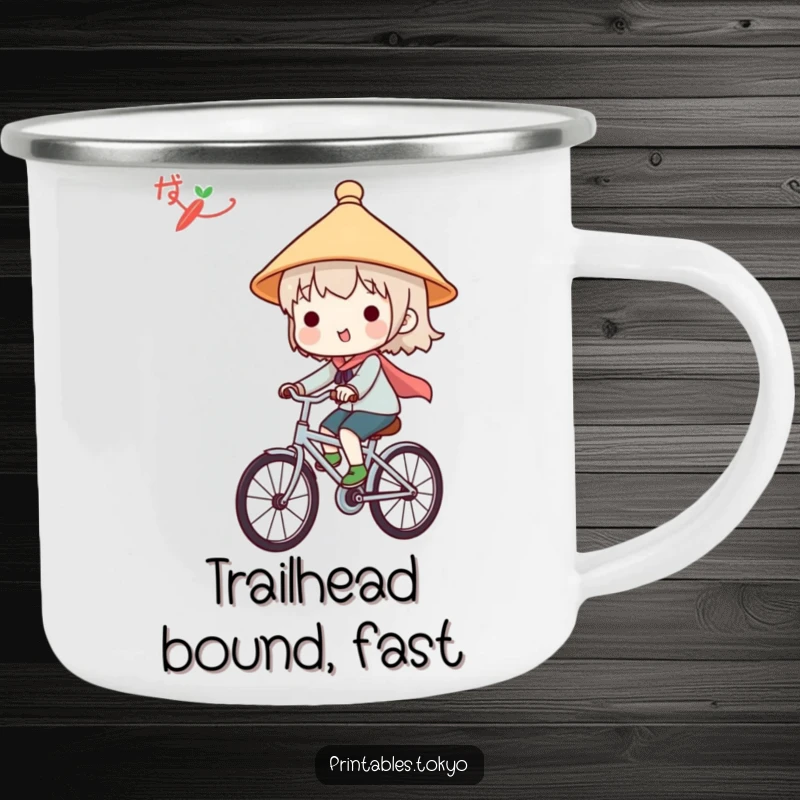 Funny camping mug with a cute character in a Japanese hat, joyfully riding a bicycle, perfect for outdoor adventures.